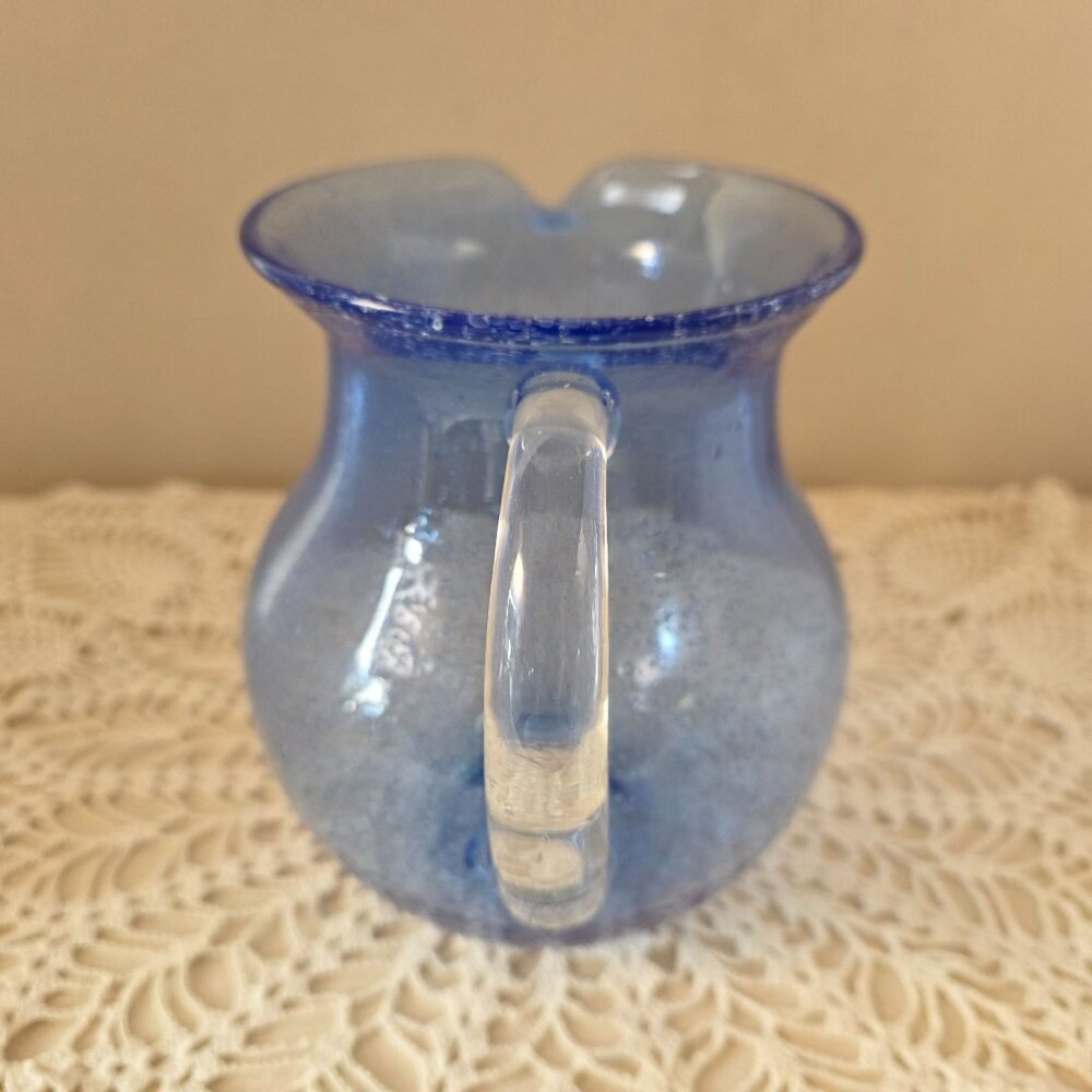 Vintage Cobalt Handblown Bubble Glass Pitcher With Clear Applied Handle - Picture 9 of 16